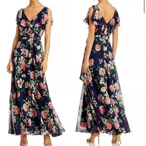 Eliza J Navy Floral V Neck Maxi Dress